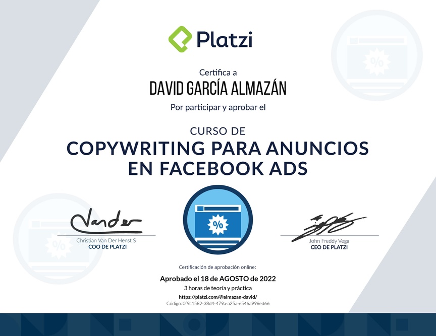 Diploma del Curso de Técnicas de Copywriting para Facebook Ads