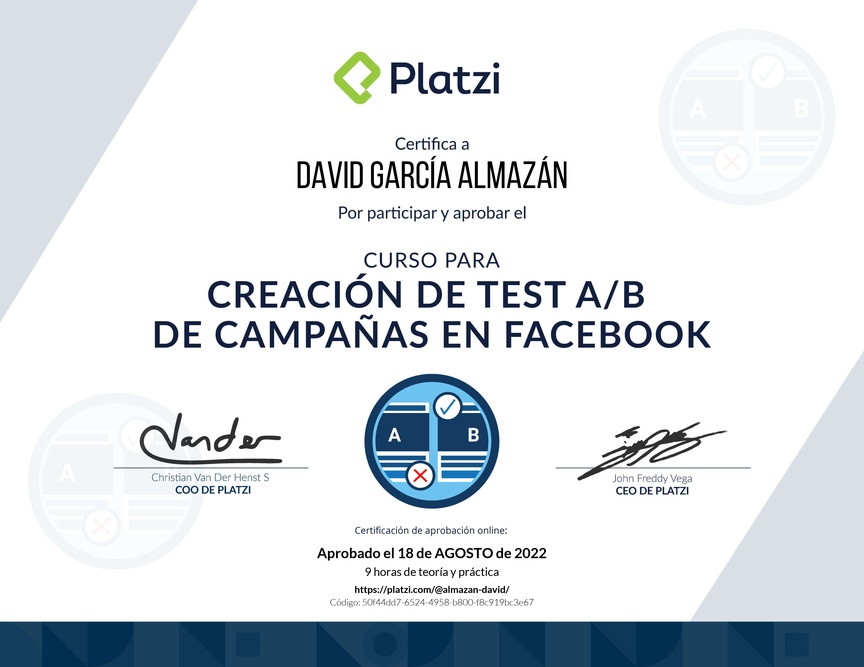 Diploma del Curso para  Crear Campañas de A/B Testing en Facebook Ads
