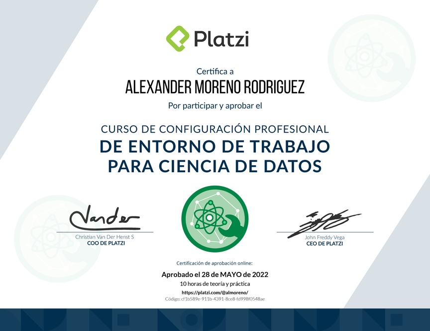 Diploma del Curso de Configuración Profesional de Entorno de Trabajo para Ciencia de Datos