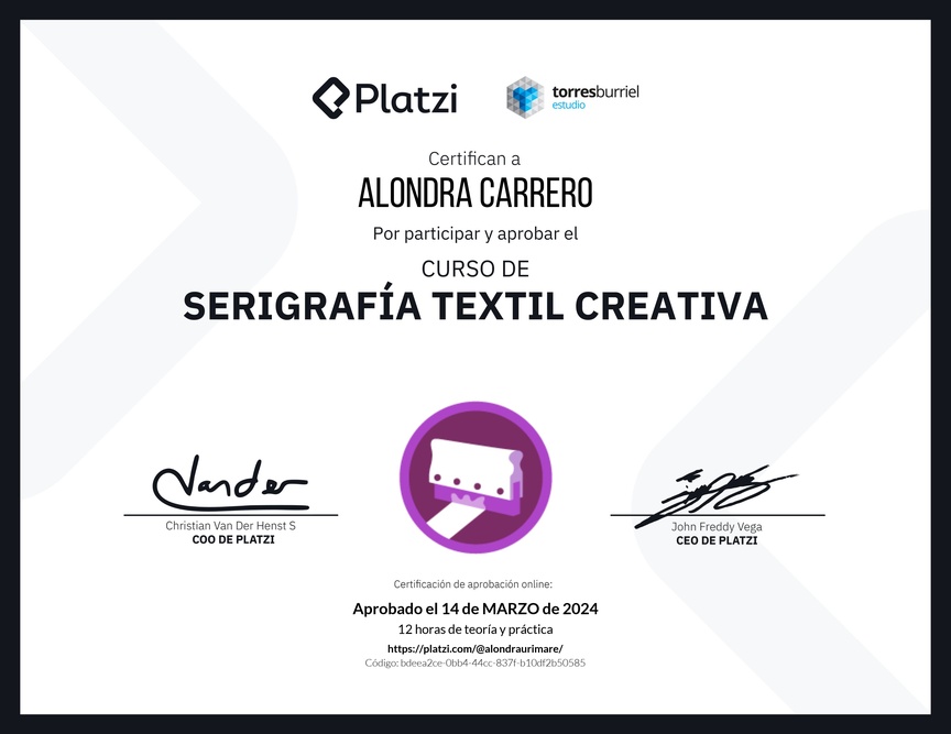 Diploma del Curso de Serigrafía Textil Creativa