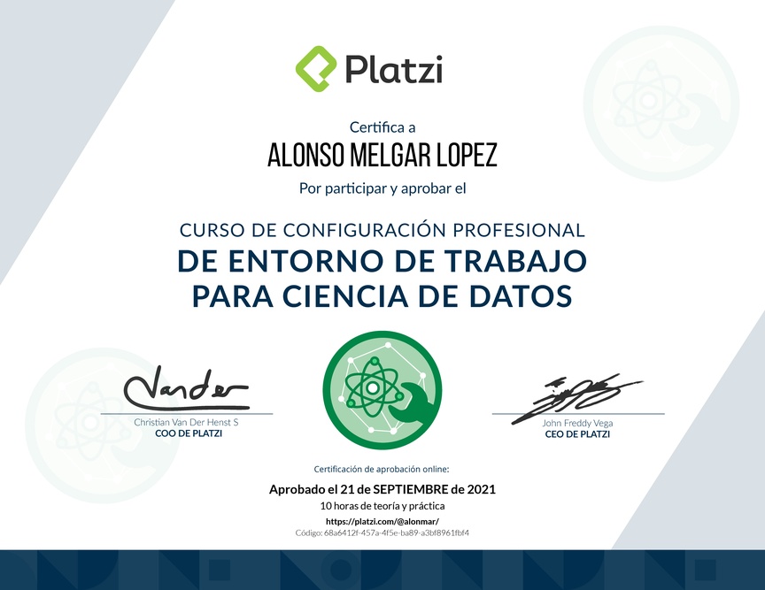 Diploma del Curso de Configuración Profesional de Entorno de Trabajo para Ciencia de Datos