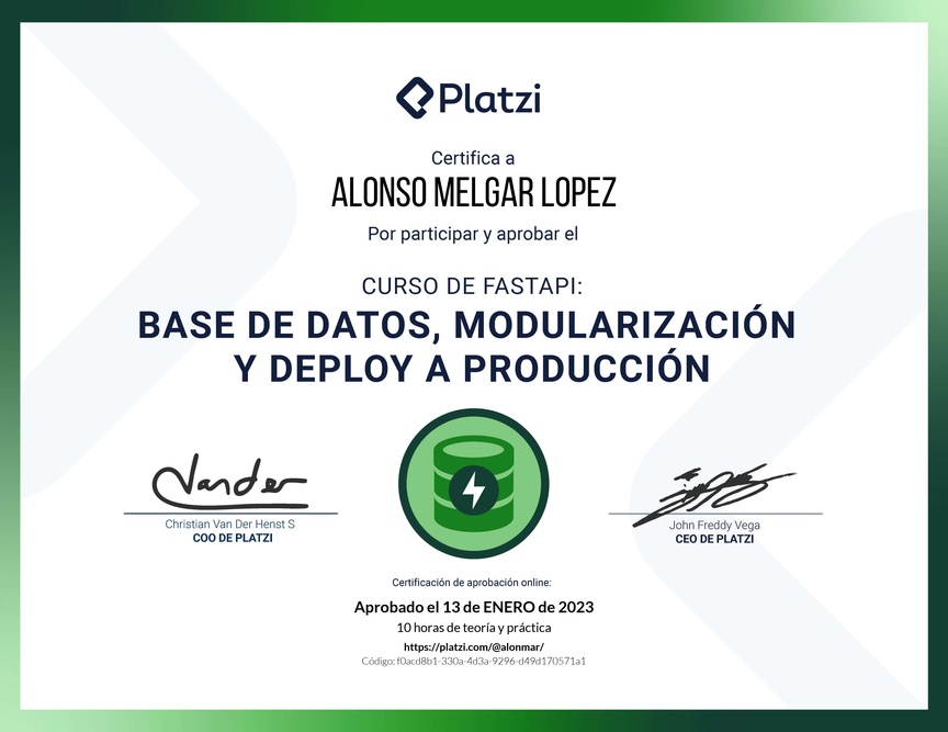 Diploma del Curso de FastAPI: Base de Datos, Modularización y Deploy a Producción