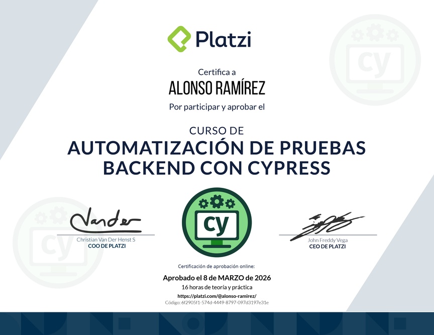 Diploma del Curso de Automatización de Pruebas de Backend con Cypress