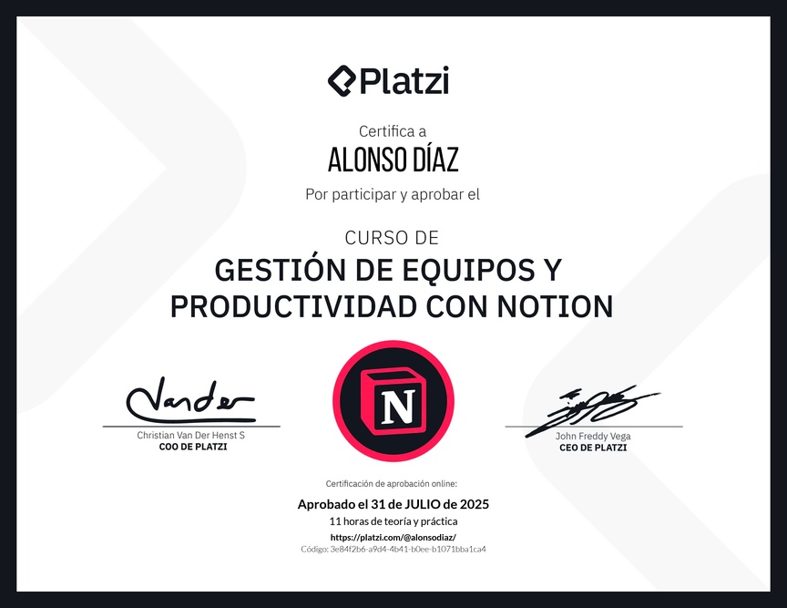 Diploma del Curso de Gestión de Equipos y Productividad con Notion