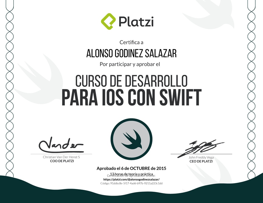 Diploma del Curso de Desarrollo para iOS con Swift 2014