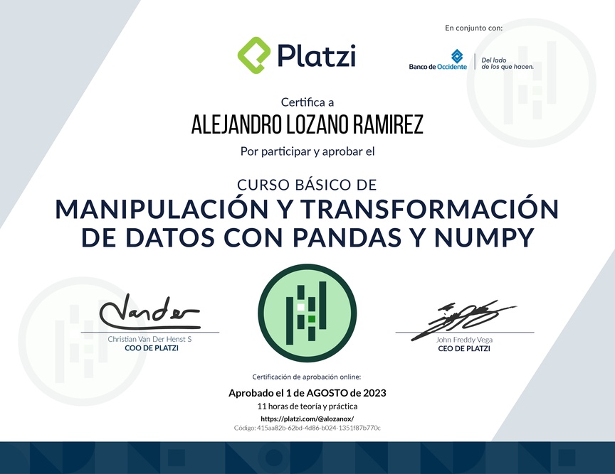 Diploma del Curso de Manipulación y Transformación de Datos con Pandas y NumPy