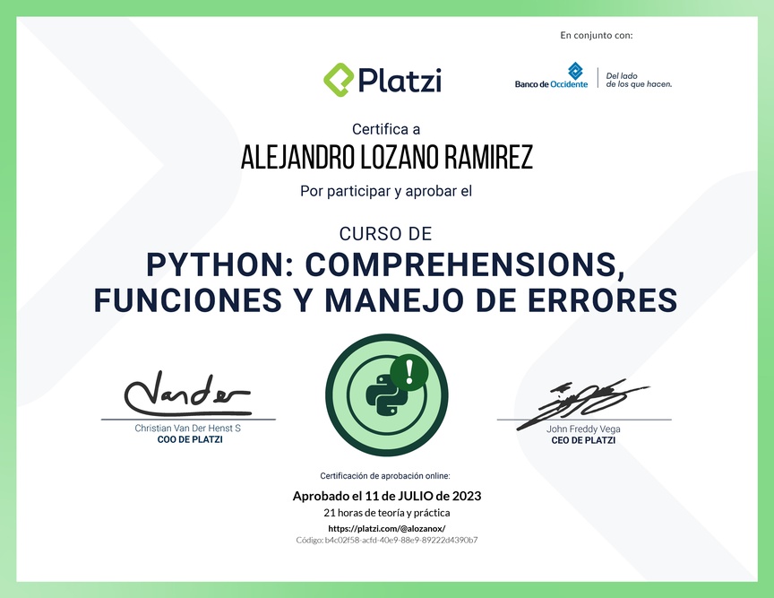 Diploma del Curso de Python: Comprehensions, Funciones y Manejo de Errores