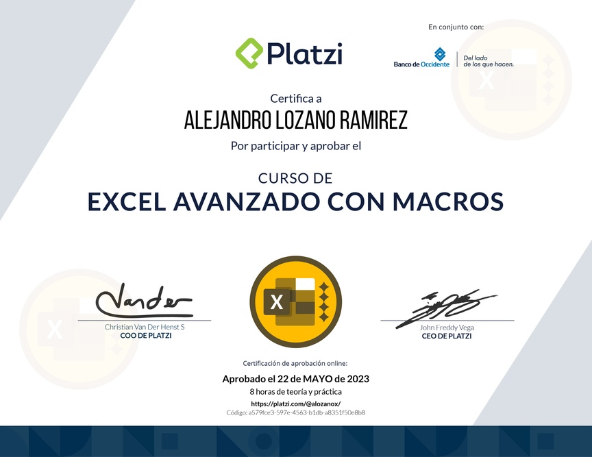 Diploma del Curso de Excel Avanzado con Macros