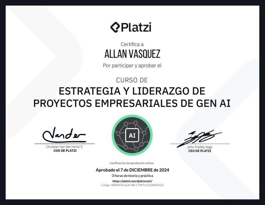 Diploma del Curso de Estrategia y Liderazgo de Proyectos Empresariales de Gen AI