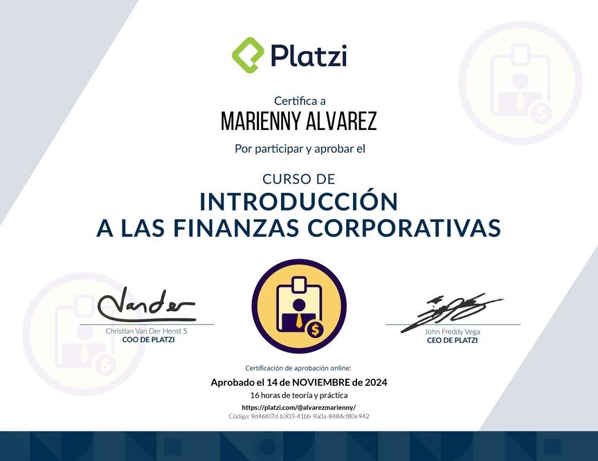 Diploma del Curso de Introducción a las Finanzas Corporativas