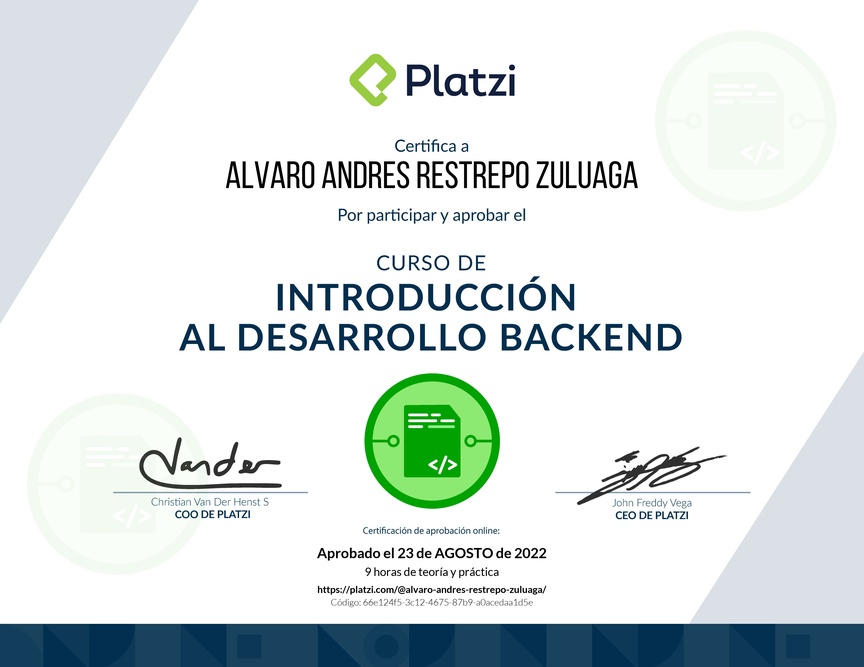 Diploma del Curso de Introducción al Desarrollo Backend