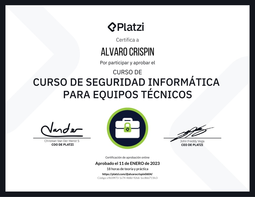 Diploma del Curso de Seguridad Informática para Equipos Técnicos