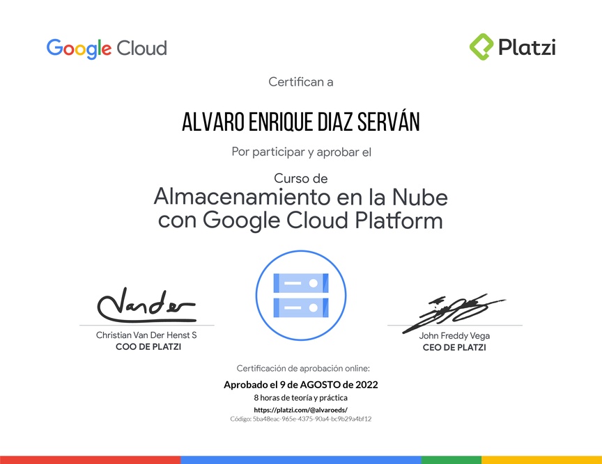 Diploma del Curso de Almacenamiento en la Nube con Google Cloud Platform