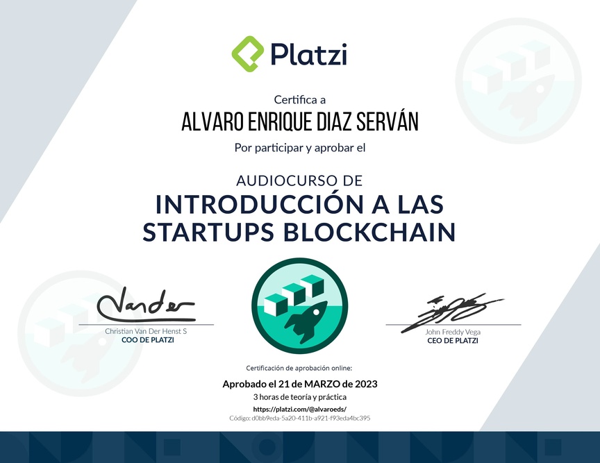 Diploma de Audiocurso de Introducción a las Startups Blockchain