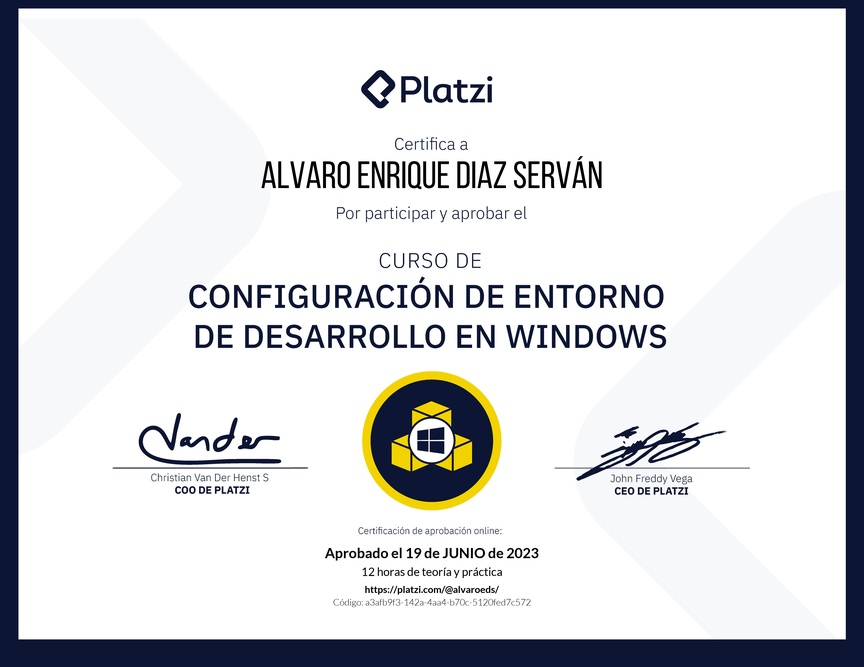 Diploma del Curso de Configuración de Entorno de Desarrollo en Windows