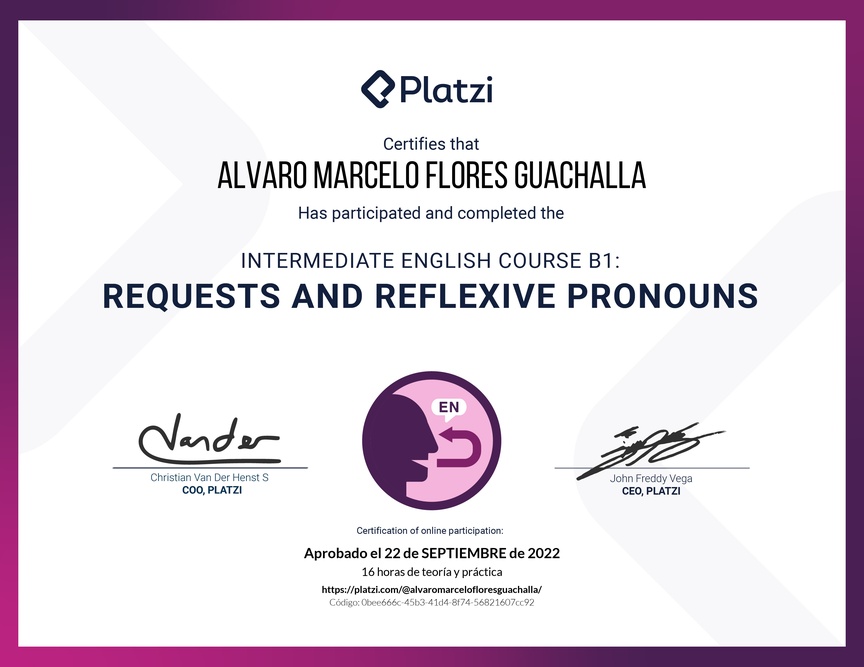 Diploma del Curso de Inglés Intermedio B1: Solicitudes y Pronombres Reflexivos