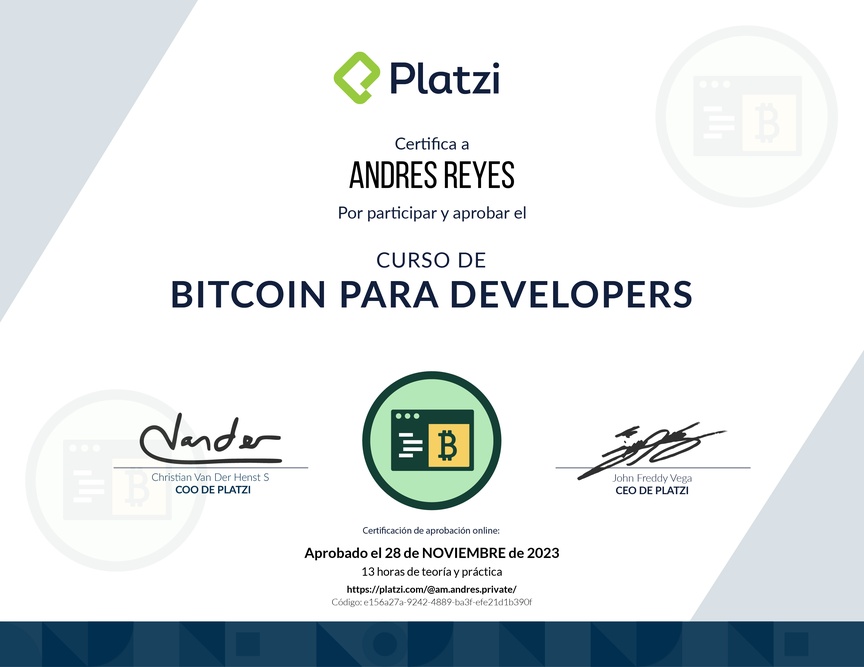 Diploma del Curso de Bitcoin para Developers