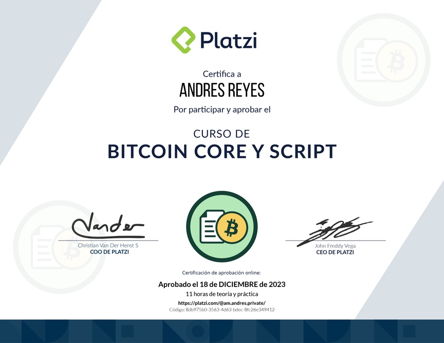 Diploma del Curso de Bitcoin Core y Script