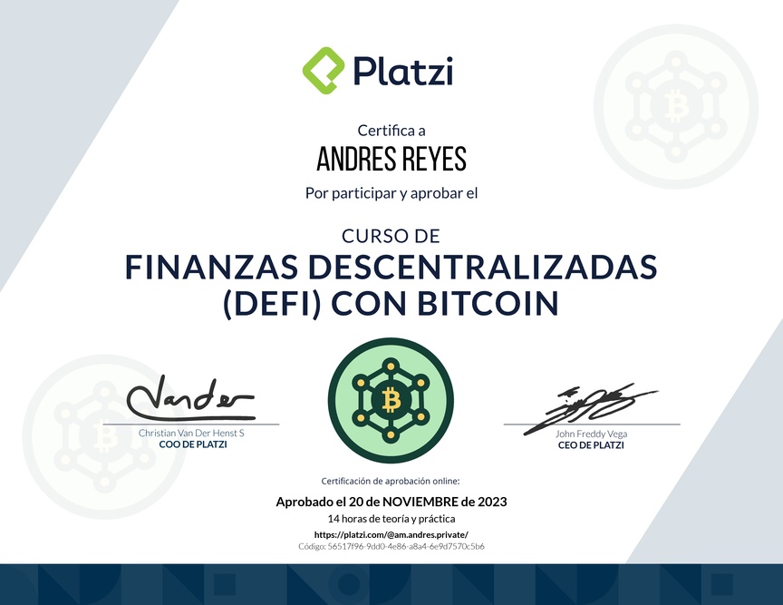 Diploma del Curso de Finanzas Descentralizadas con Bitcoin
