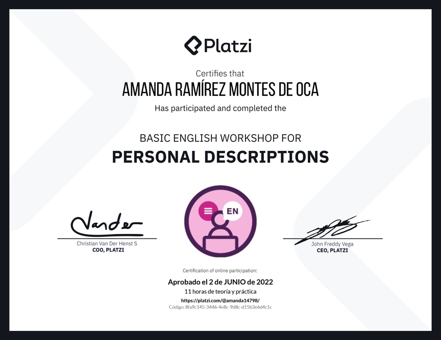 Diploma del Curso de Inglés Práctico para Descripciones Personales (2020=