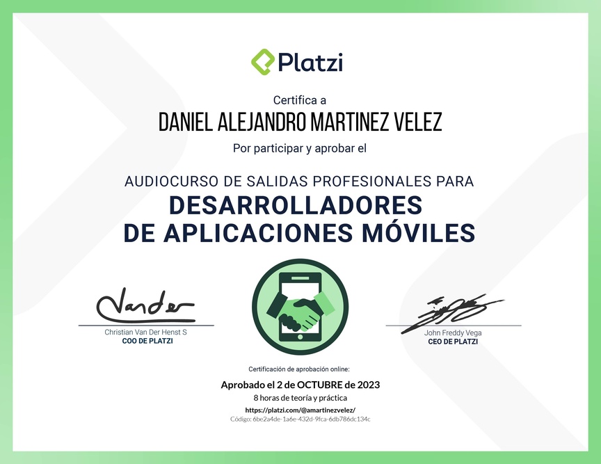 Diploma de Audiocurso de Salidas Profesionales para Desarrolladores de Aplicaciones Móviles 2022