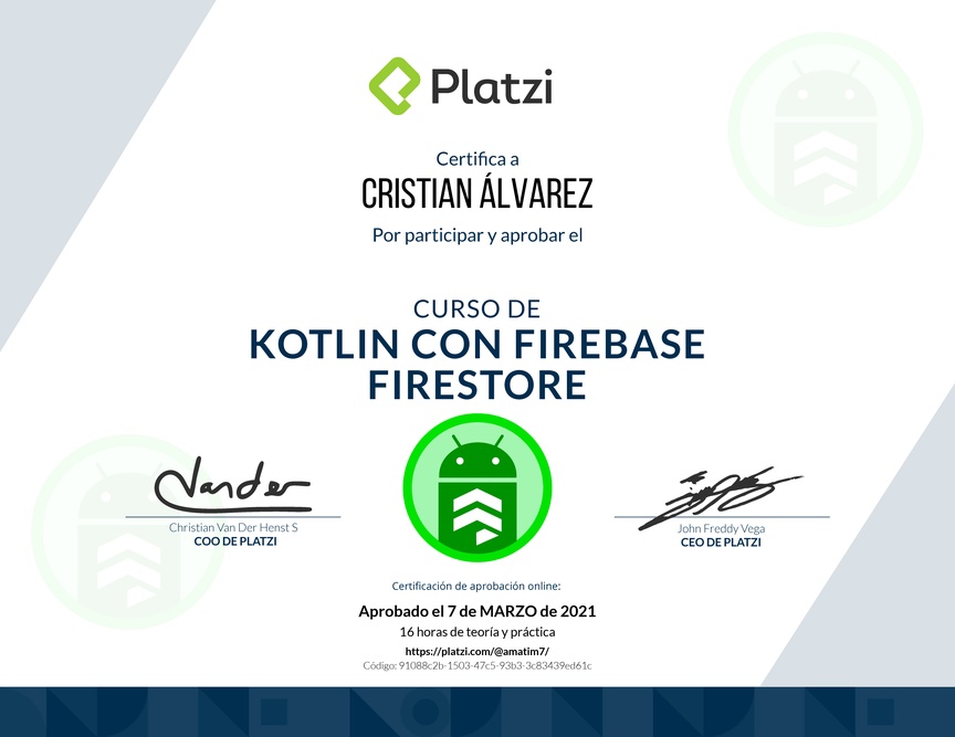 Diploma del Curso de Kotlin con Firebase Firestore