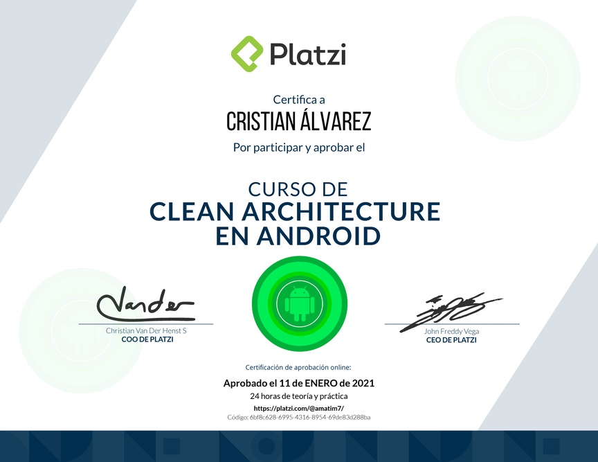 Diploma del Curso de Clean Architecture en Android
