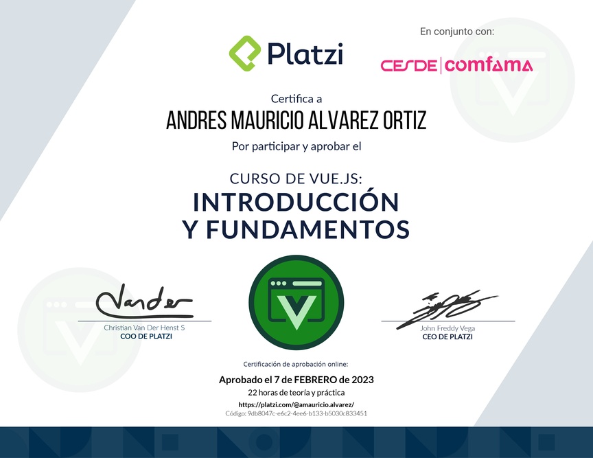 Diploma del Curso de Vue.js: Introducción y Fundamentos