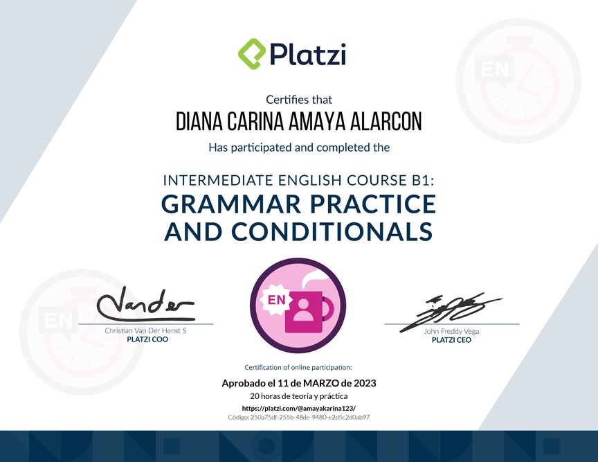 Diploma del Curso de Inglés Intermedio B1: Práctica Gramatical y Condicionales (2021)