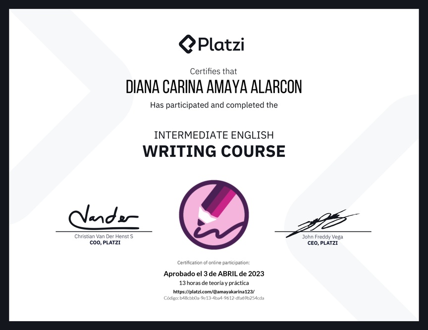Diploma del Curso Intermedio de Escritura en Inglés