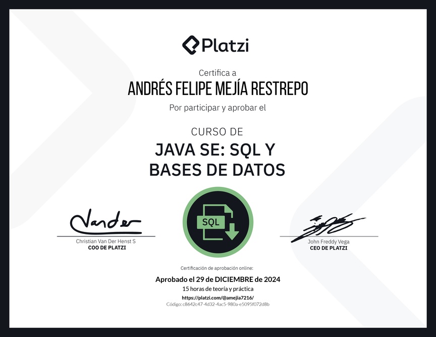 Diploma del Curso de Java SE: SQL y Bases de Datos