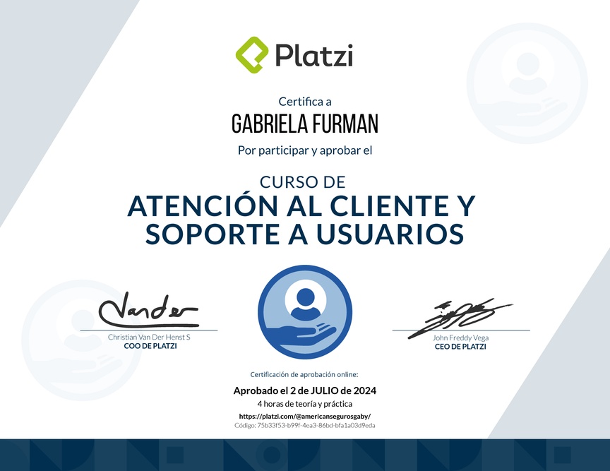 Diploma del Curso de Servicio al Cliente y Soporte a Usuarios
