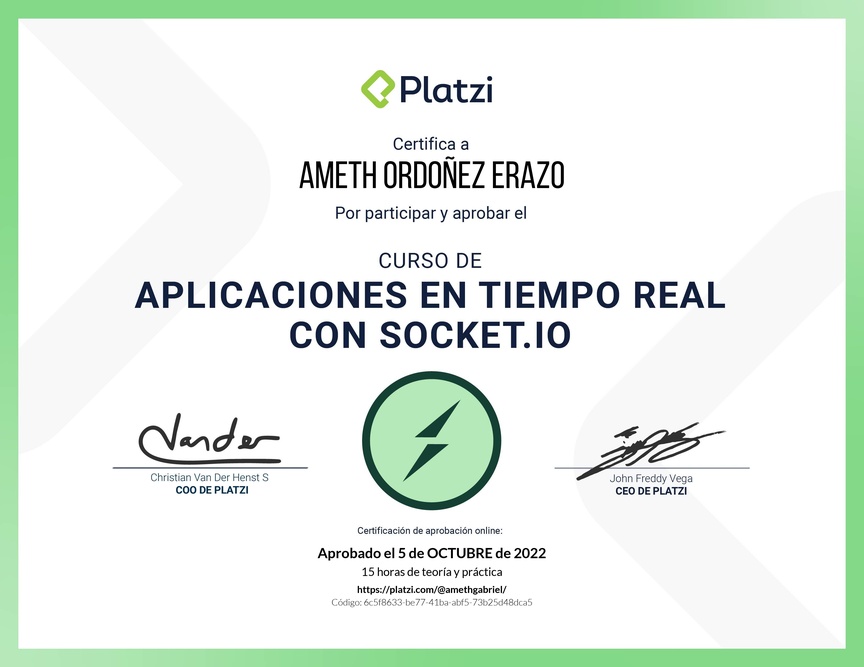 Diploma del Curso de Aplicaciones en Tiempo Real con Socket.io