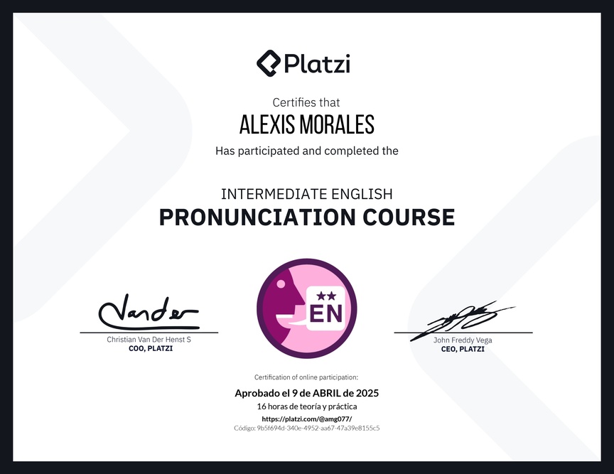 Diploma del Curso Intermedio de Pronunciación en Inglés