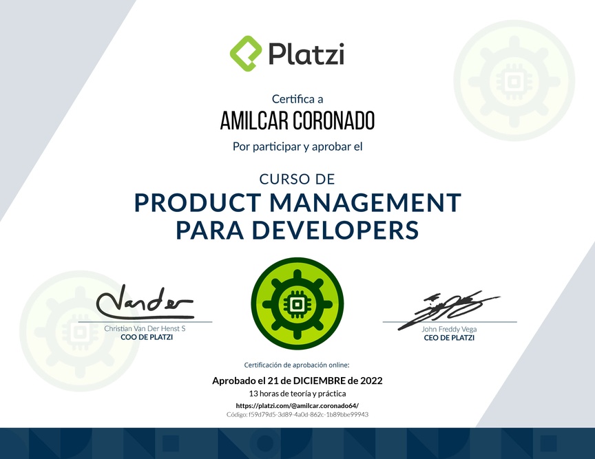 Diploma del Curso de Product Management para Developers