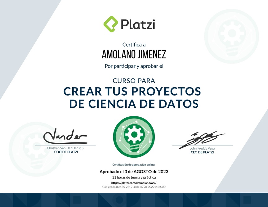Diploma del Curso para Crear tus Proyectos de Ciencia de Datos