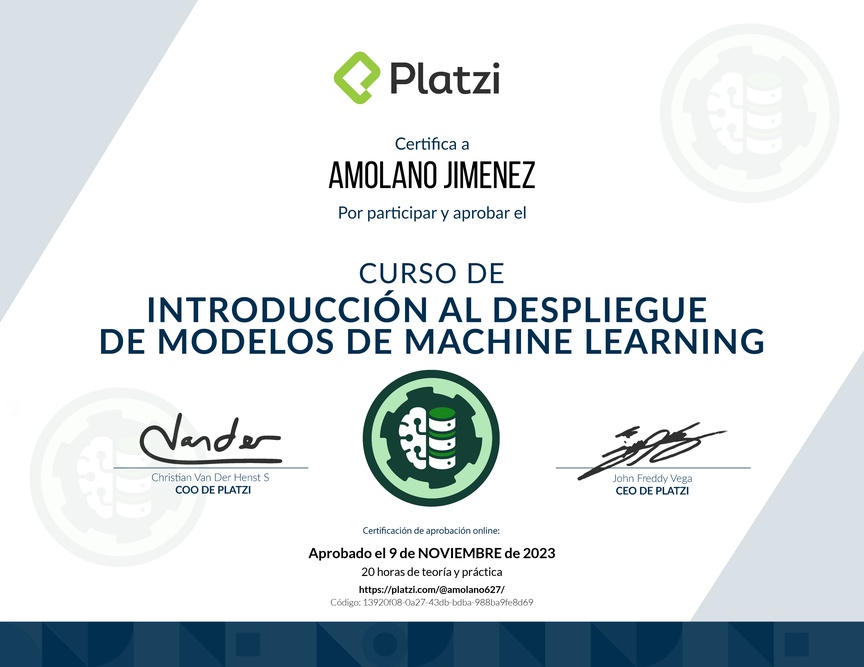 Diploma del Curso de Introducción al Despliegue de Modelos de Machine Learning