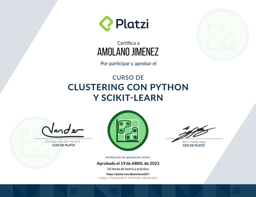 Diploma del Curso de Clustering con Python y scikit-learn