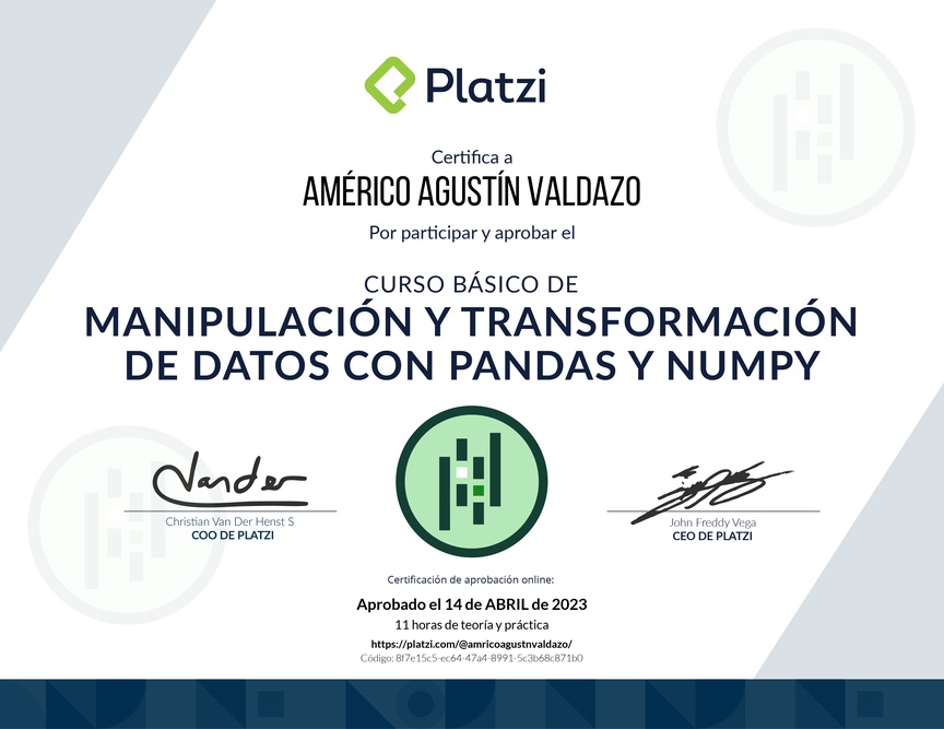 Diploma del Curso de Manipulación y Transformación de Datos con Pandas y NumPy