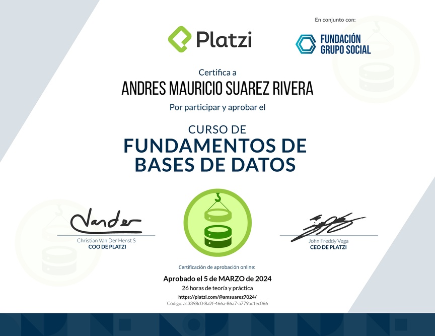 Diploma del Curso de Fundamentos de Bases de Datos 2019