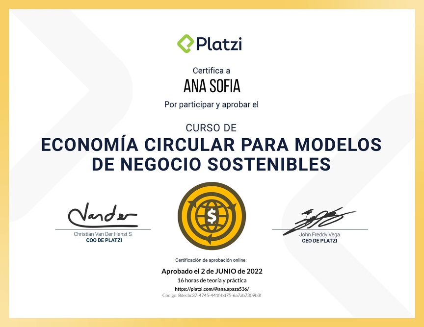Diploma del Curso de Economía Circular para Modelos de Negocio Sostenibles