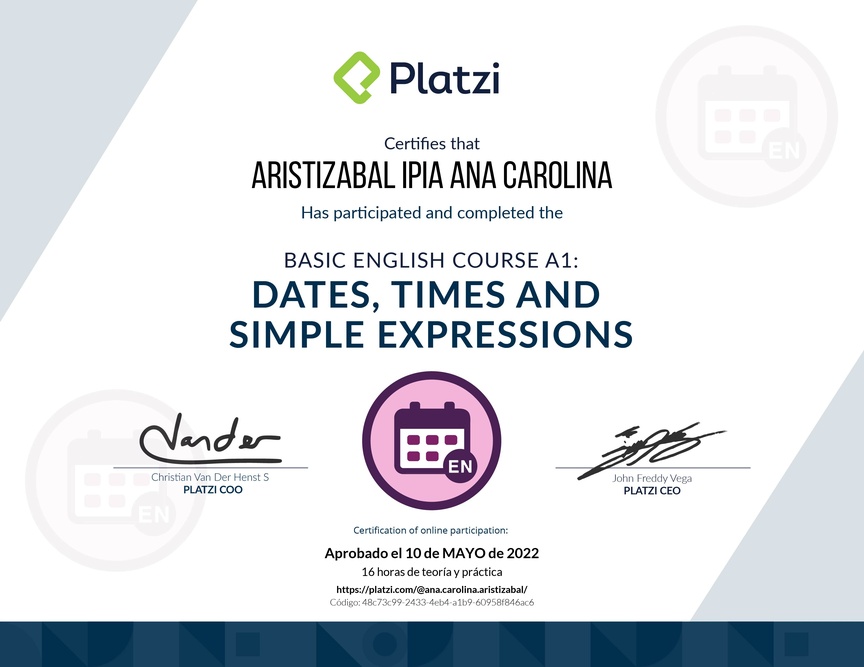 Diploma del Curso de Inglés Básico A1: Fechas, Horas y Expresiones Simples