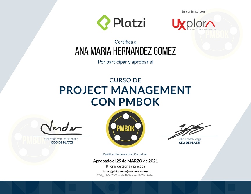 Diploma del Curso de Project Management con PMBOK