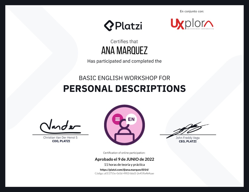 Diploma del Curso de Inglés Práctico para Descripciones Personales (2020=
