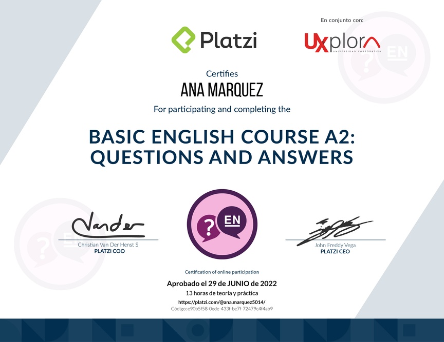 Diploma del Curso de Inglés Básico: Preguntas y Respuestas (2021)