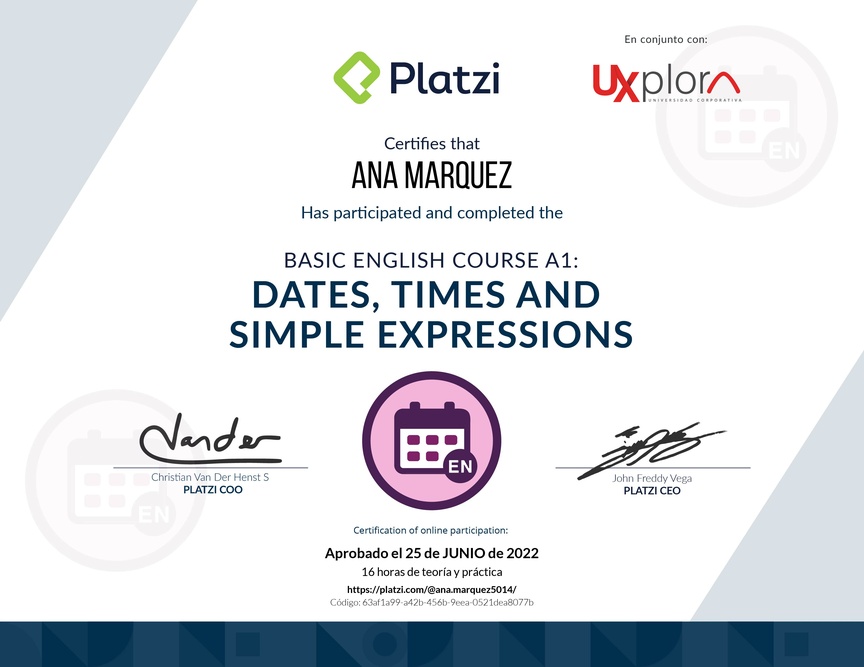Diploma del Curso de Inglés Básico A1: Fechas, Horas y Expresiones Simples
