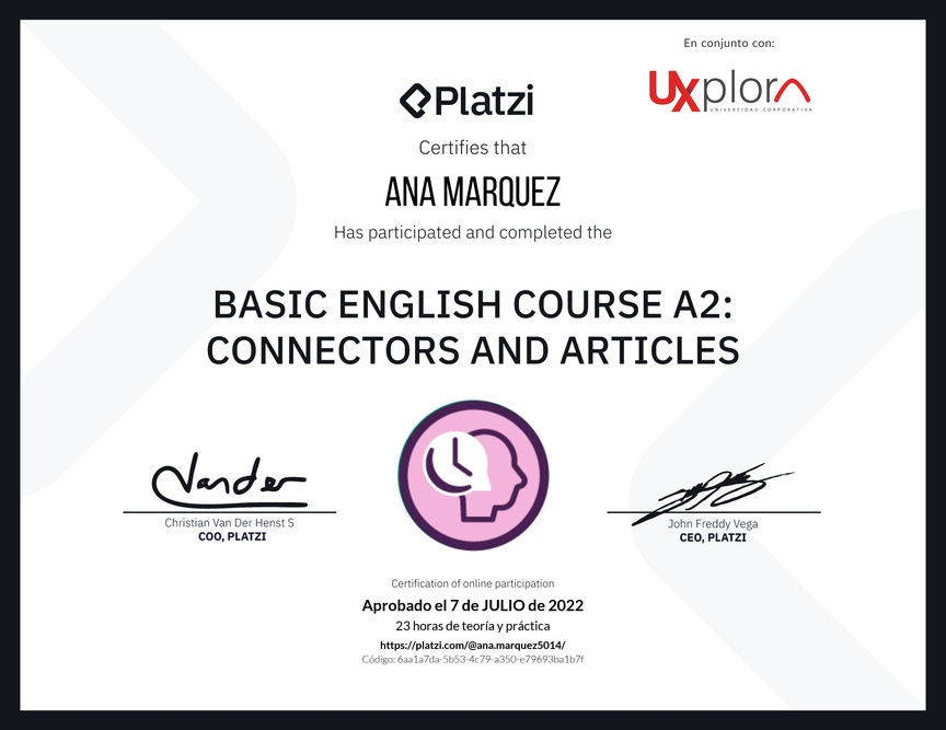 Diploma del Curso de Inglés Básico A2: Conectores y Artículos
