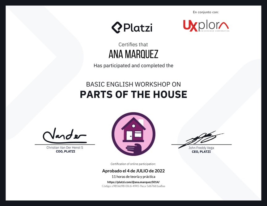 Diploma de Taller de Inglés Básico sobre las Partes de la Casa (2022)