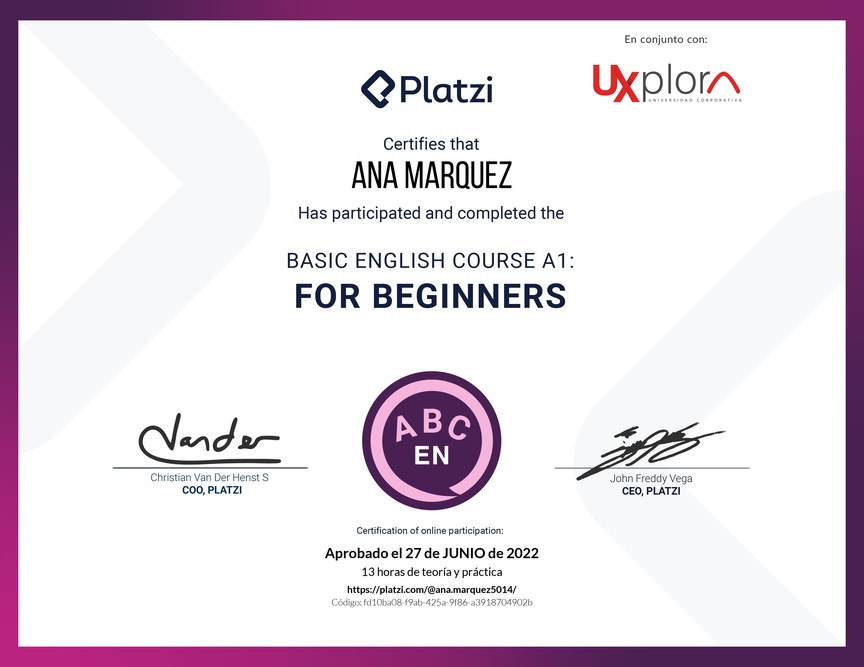 Diploma del Curso de Inglés Básico para Principiantes - (2022)
