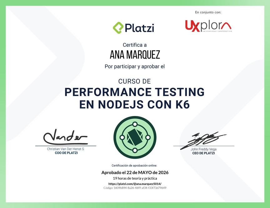Diploma del Curso de Performance Testing en Node.js con K6